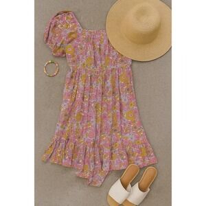 There Abouts Floral Print Dress Open Back Tie Cottagecore‎ Pink Yellow XL